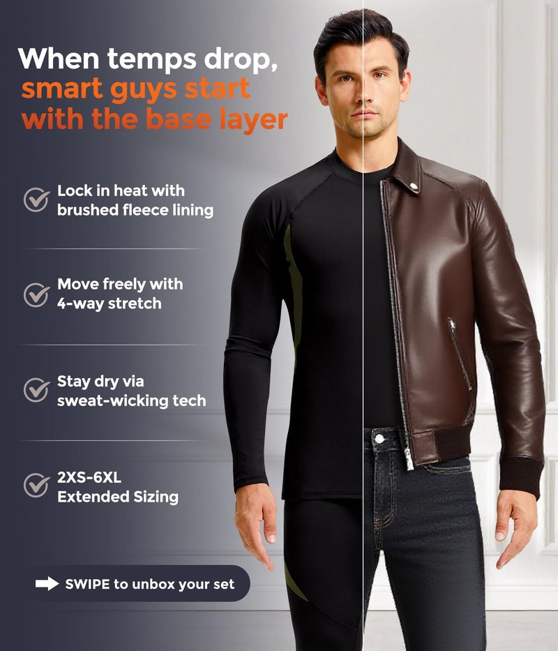 CL convallaria Long Underwear Mens, Thermal Underwear Set Winter Hunting Gear Sport Long Johns for Men Base Layer Top and Bottom Midweight Black S - Image 4